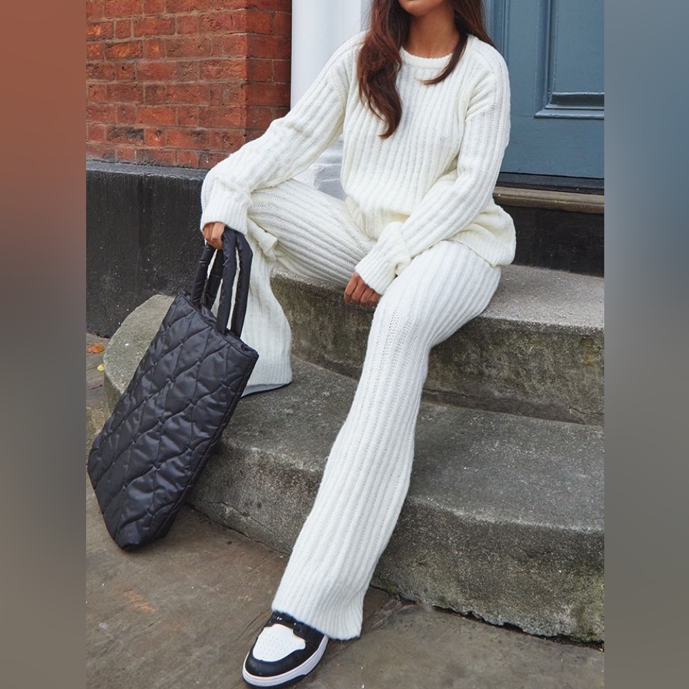 PrettyLittleThing Cream Knit Wide Leg Pants Set